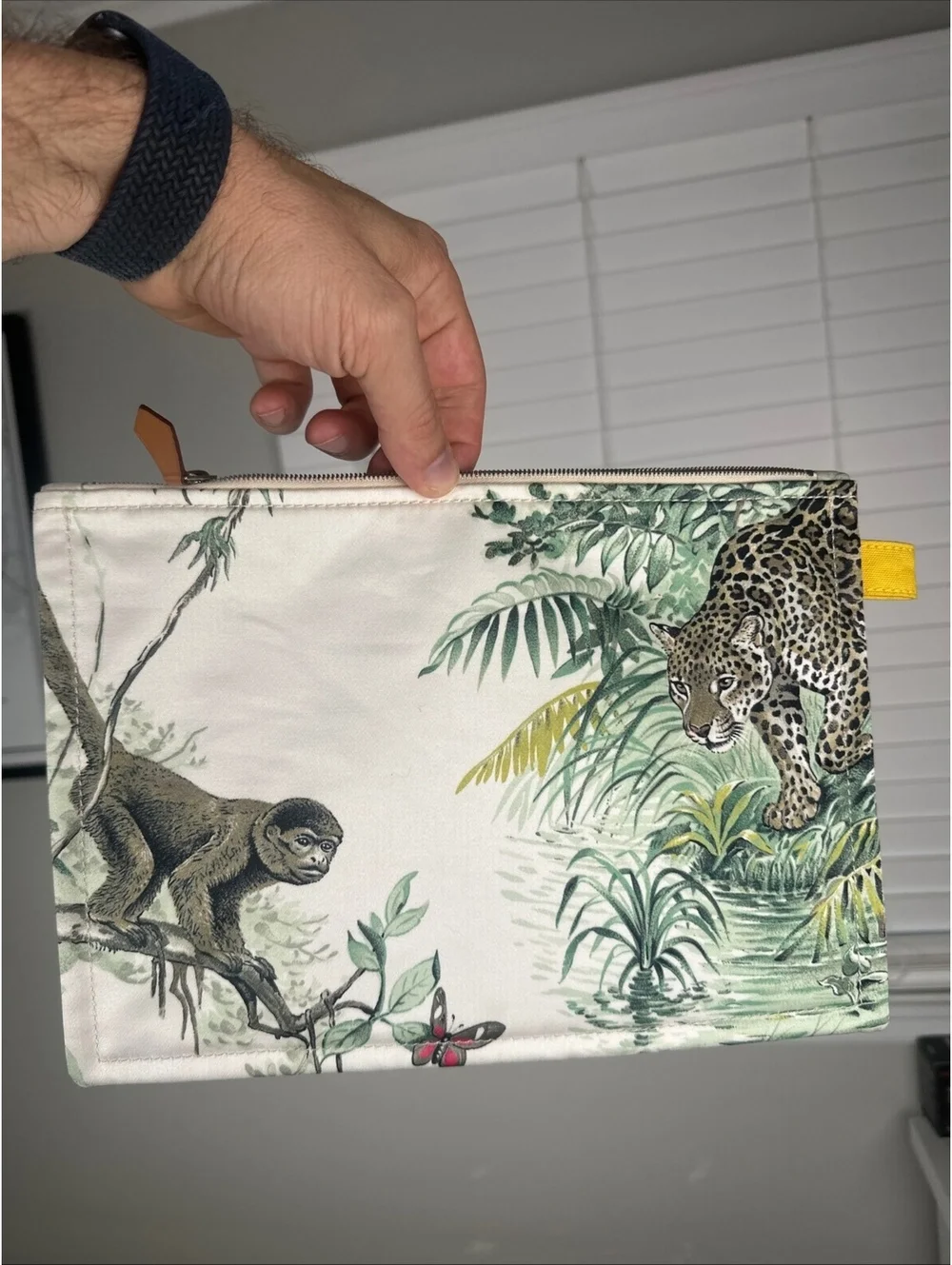 Hermes Paris Cotton Zip Pouch Tropical Jungle Print Sloth